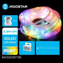  Aigostar  Wężyk led 5mb kolorowy sznur 50 led RGBY 5mm na baterie 8 funkcji Wężyk led 5mb kolorowy sznur 50 led RGBY 5mm na baterie 8 funkcji